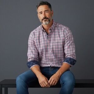 Thomas Dean Plaid Button Down Shirt Men's Large Pink Blue Gingham Cotton